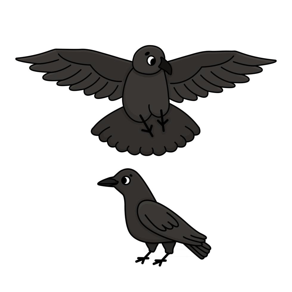 svarta eller mörkgrå kråkor. tecknad vektor flygande och stående korpar illustration. klipp ut uppsättning av två fåglar