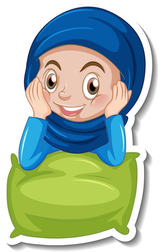 eine Aufklebervorlage mit muslimischem Mädchen umarmt ein Kissen vektor
