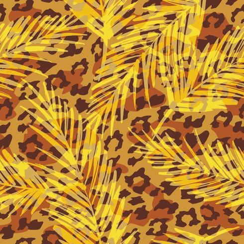 Seamless exotiskt mönster med palmblad och silhuetter av djur vektor