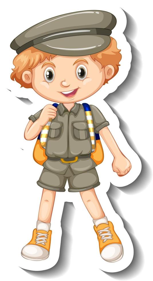 en klistermärkesmall med en pojke i tecknad karaktär i safari-outfit vektor