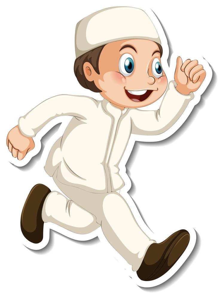 eine Aufklebervorlage mit einem muslimischen Jungen in Gehpose-Cartoon-Figur vektor