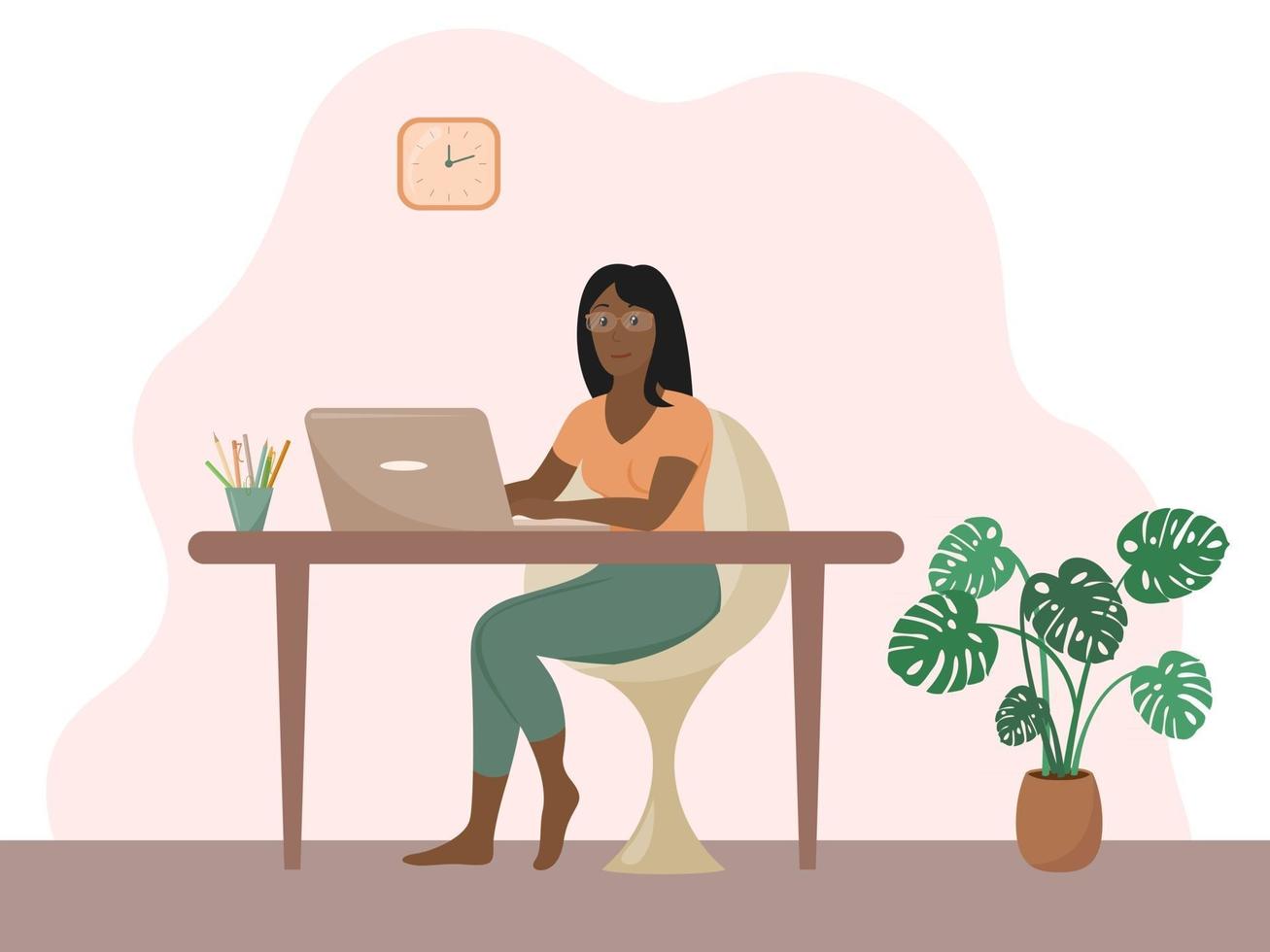 jobba hemma. afroamerikansk kvinna som arbetar eller studerar med laptop på distans. hemmakontor koncept. vektor platt illustration