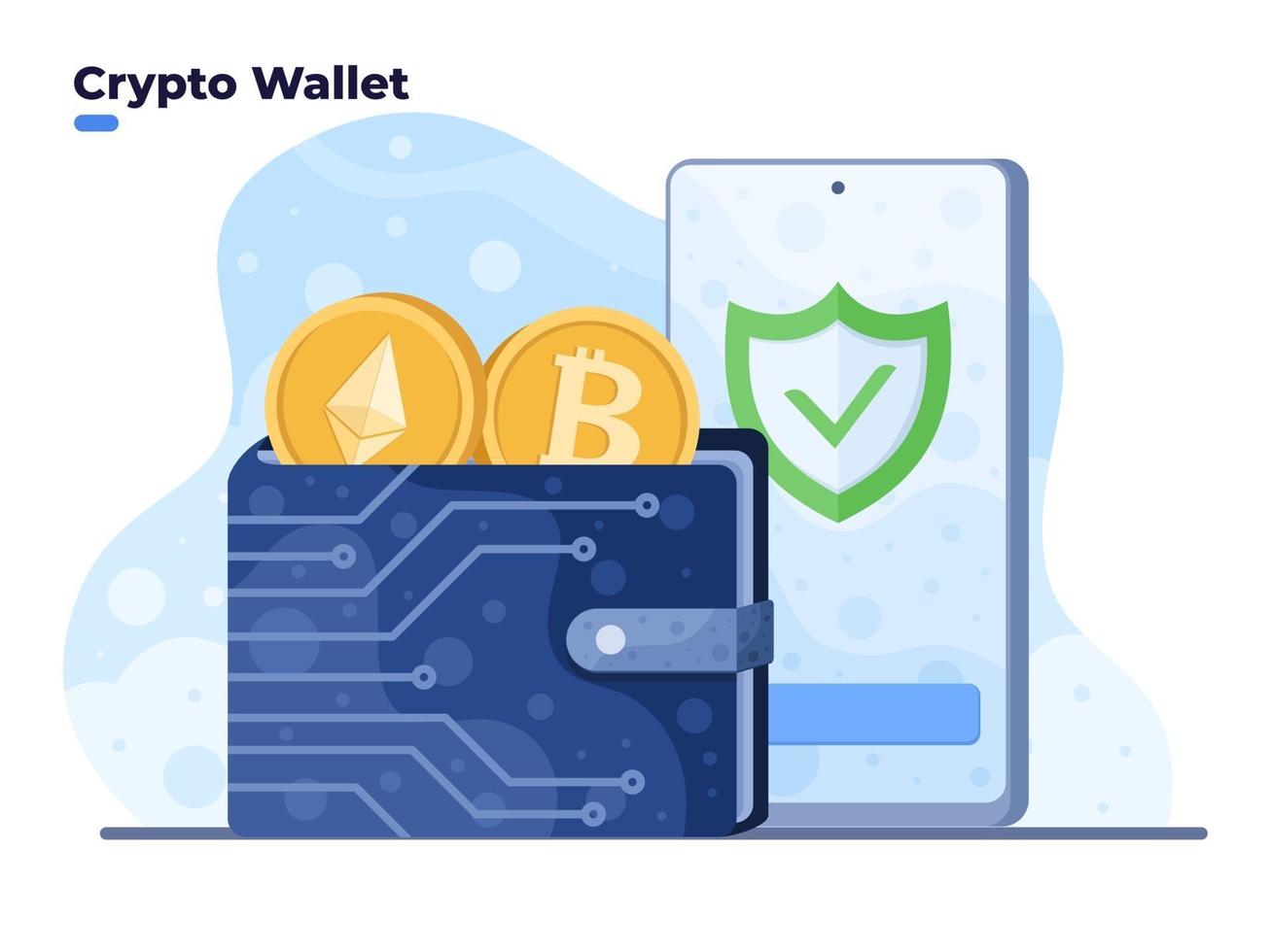 Krypto-Geldbörsen-Vektor-Illustration mit mobilem Smartphone. Digitale Wallet-Technologie für Kryptowährung Bitcoin. Geldbörse mit Handy verbunden. vektor