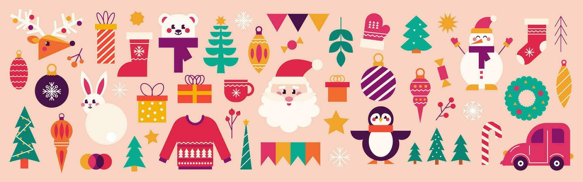 Weihnachten und Neu Jahr Satz. Weihnachtsmann, Geschenke, Weihnachten Baum, Hirsch und festlich Elemente. Vektor modern Illustration