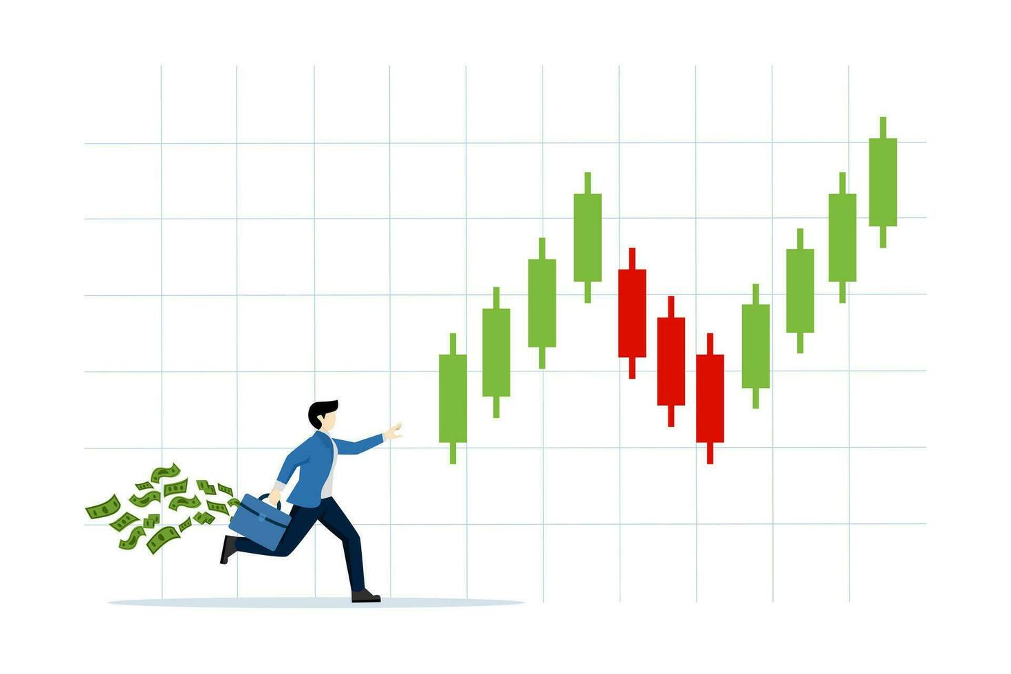 framgångsrik näringsidkare begrepp, vinst från stock marknadsföra investering eller kryptovaluta. diagram, stock utbyta, finansiera, bitcoin. affärsman Följ ljusstake eller upptrend. platt vektor illustration.