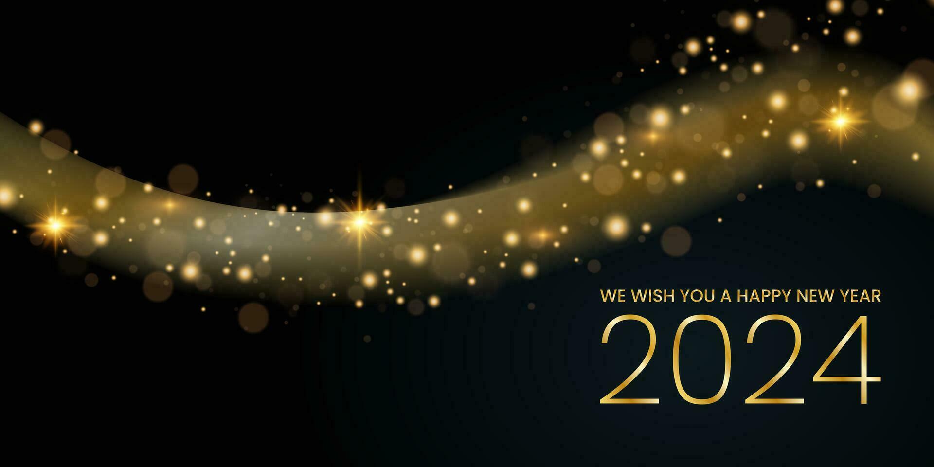 wir Wunsch Sie ein glücklich Neu Jahr 2024 leuchtenden Wunderkerze abstrakt glänzend und funkeln bewirken auf dunkel Hintergrund. Gruß Karte. vektor