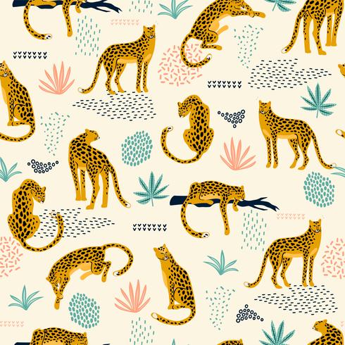 Vestor sömlöst mönster med leoparder och abstrakta tropiska löv. vektor