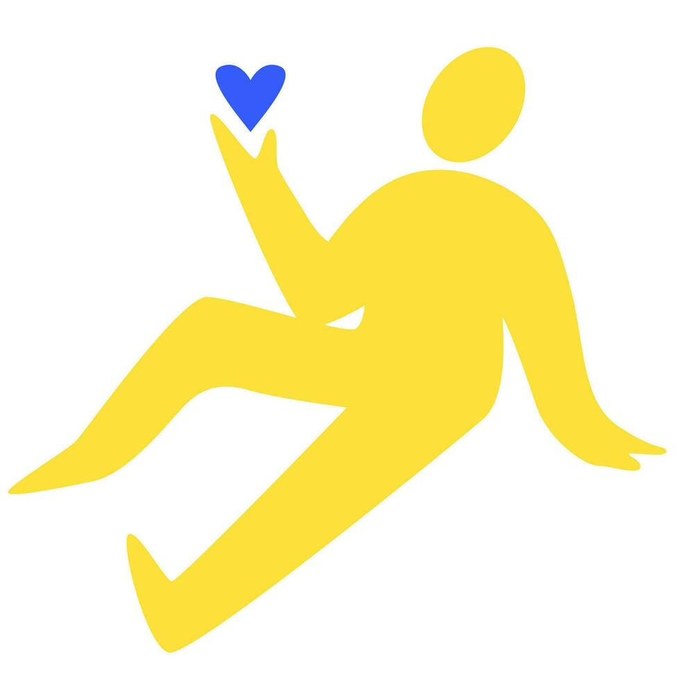 einfach Silhouette von ein glücklich sitzend Mann mit ein Herz im seine Hände. Gelb Silhouette von ein sitzend Mann auf das Boden. vektor
