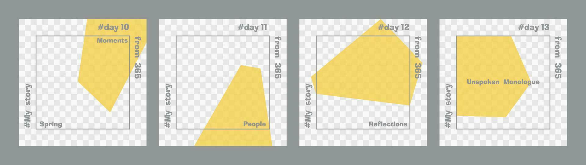 uppsättning av minimal fyrkant inlägg. trasparent gul geometrisk former och grå text mall. plats för din Foto. varje dag design begrepp för år bäst för social media posta och webb internet annonser vektor