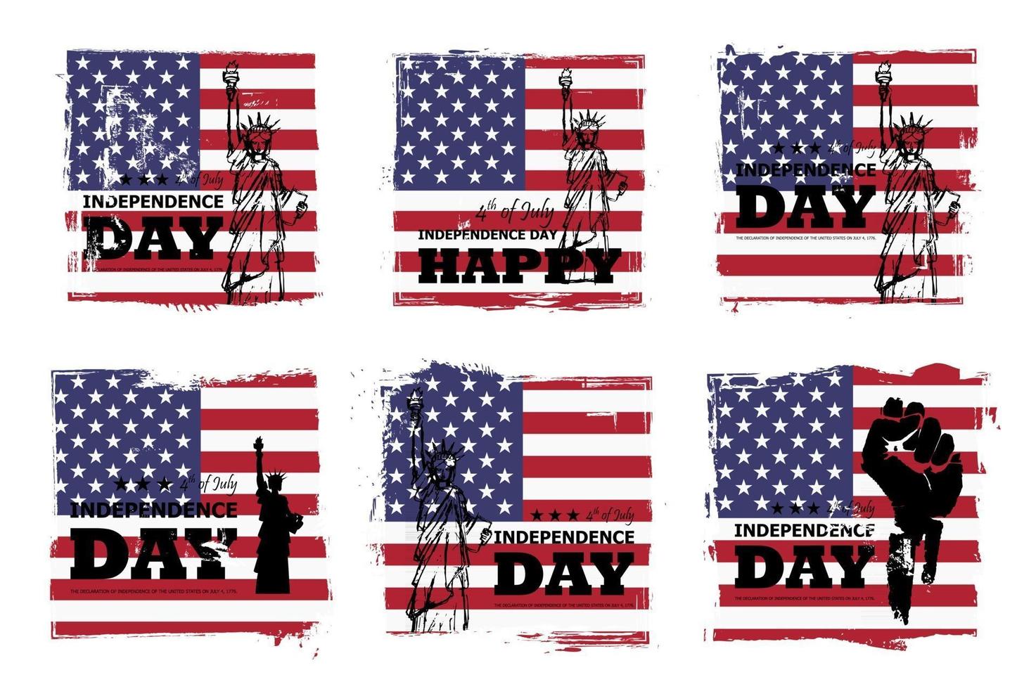 4 juli självständighetsdagen i USA. uppsättning av olika grunge fyrkantig form med amerikanska flaggan och staty av frihet ritning design. element vektor