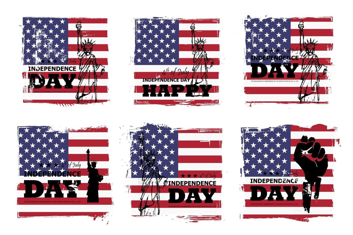 4. Juli Unabhängigkeitstag der USA. Satz von verschiedenen Grunge-Quadratform mit Amerika-Flagge und Freiheitsstatue Zeichnungsdesign. Elemente Vektor