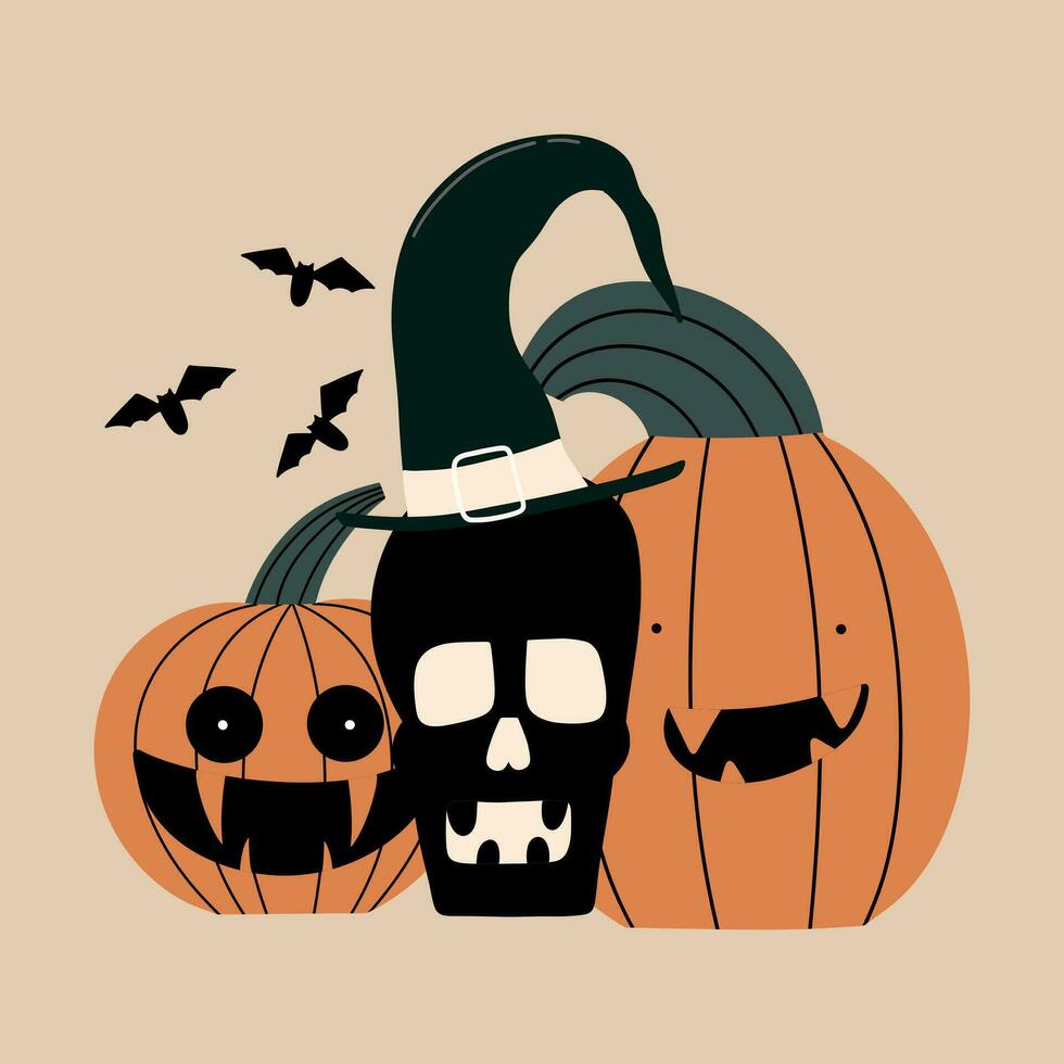 Schädel und Kürbisse zum Halloween. Vektor Illustration im Hand gezeichnet Stil.