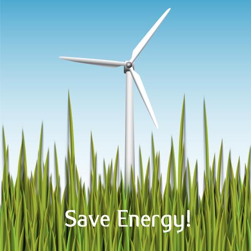 Spara energi! Vektor illustration med vindkraftverk och gräs