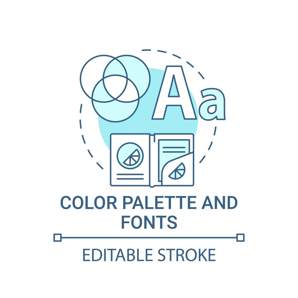 Symbol für Farbpalette und Schriftarten. Branding abstrakte Idee dünne Linie Illustration. Unterscheidung der Marke von anderen durch Typografie, Farben. Vektor isolierte Umriss-Farbzeichnung. bearbeitbarer Strich