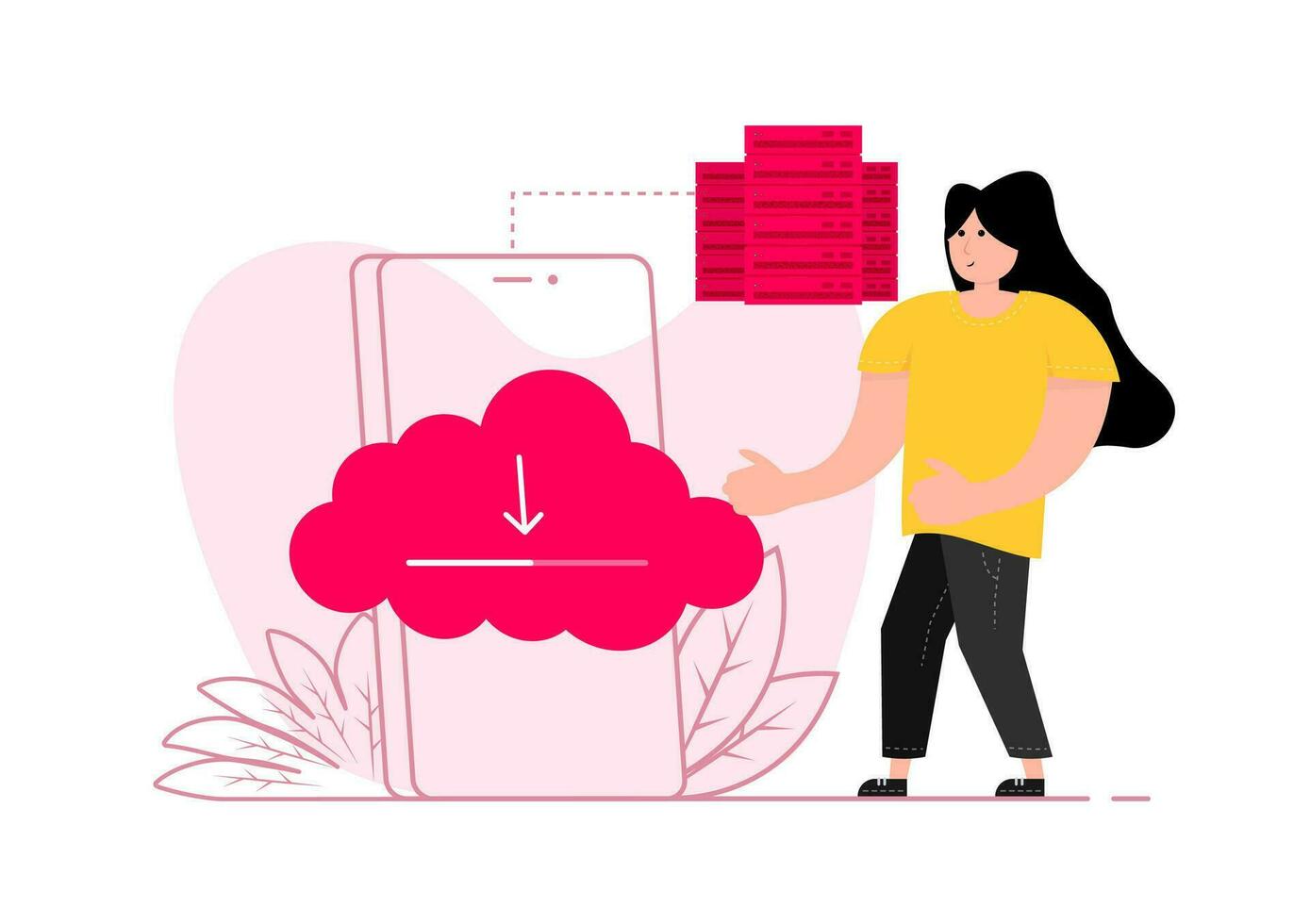 en kvinna står nära de smartphone, på de skärm fil med ladda ner ikon. dokumentera laddar ner. vektor