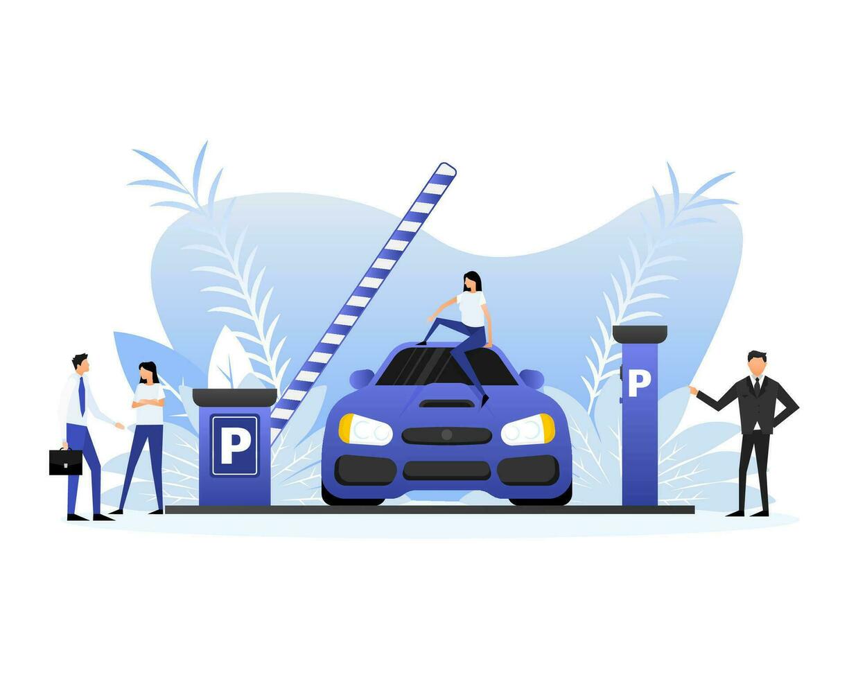 eben Stil Parkplatz mit Auto und Personen. Karikatur Vektor Illustration