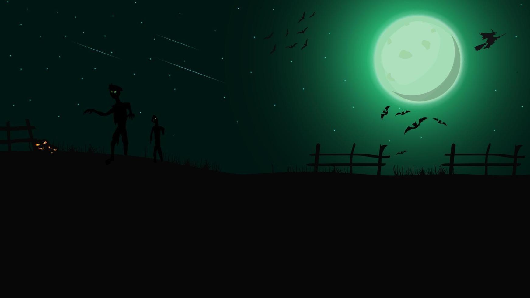 halloween bakgrund, mall för din kreativitet med grönt nattlandskap med grön fullmåne, zombie, häxor och pumpor. mall med plats för text vektor