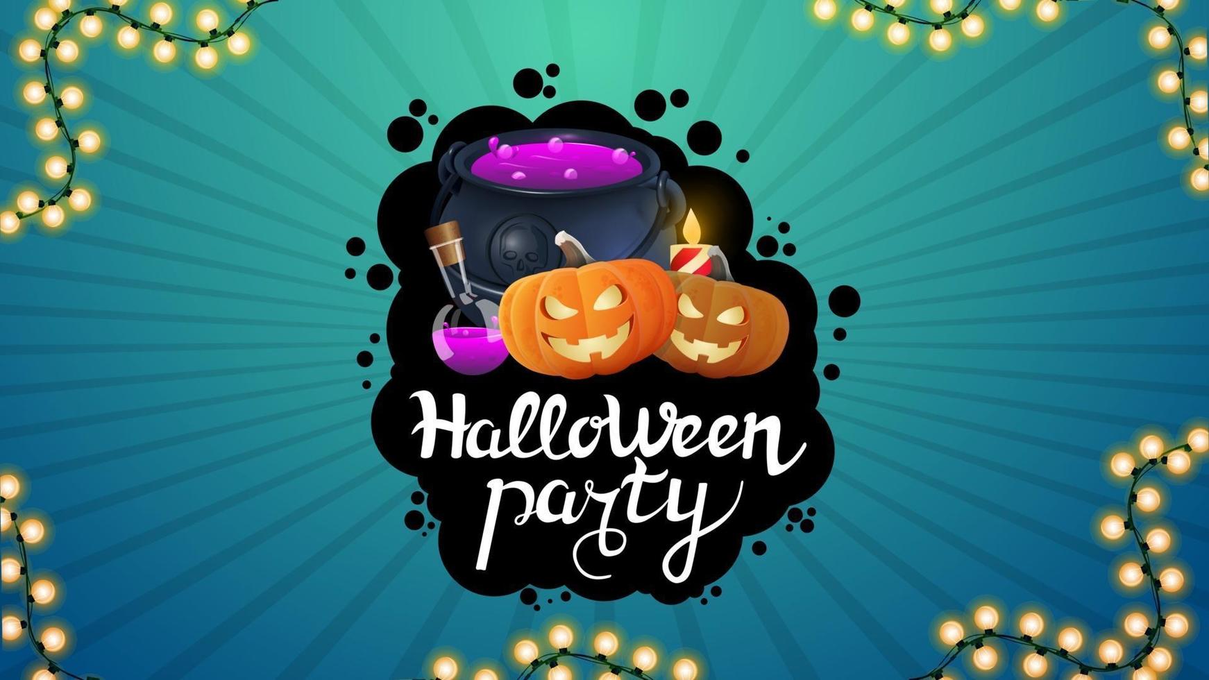 halloween fest, horisontell bakgrund för fest affisch med krans, häxkittel och pumpa jack vektor
