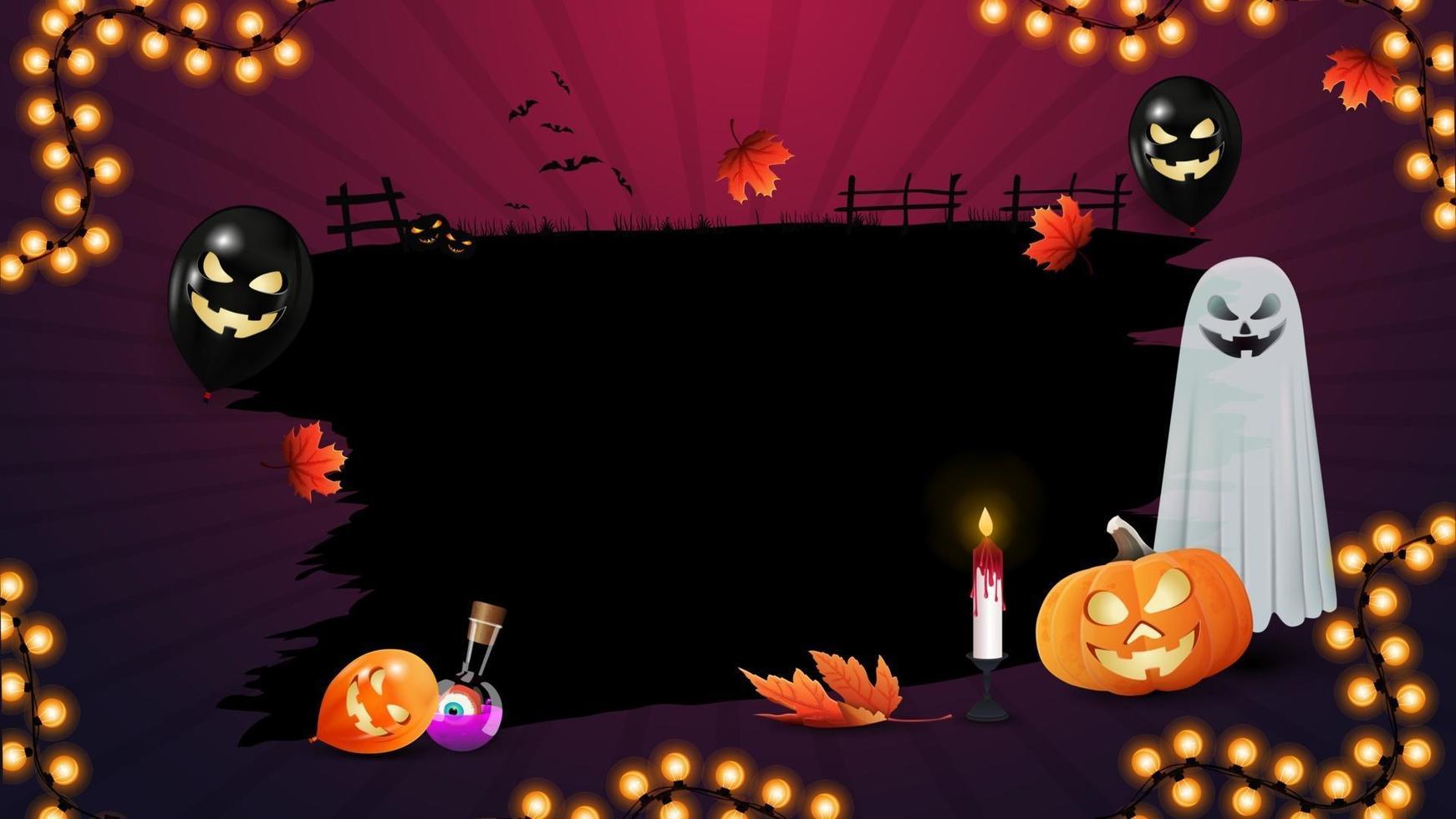 halloween mall för din kreativitet med roliga pumpa jack, ghost, halloween ballonger och höstlöv. svart halloween mall. vektor