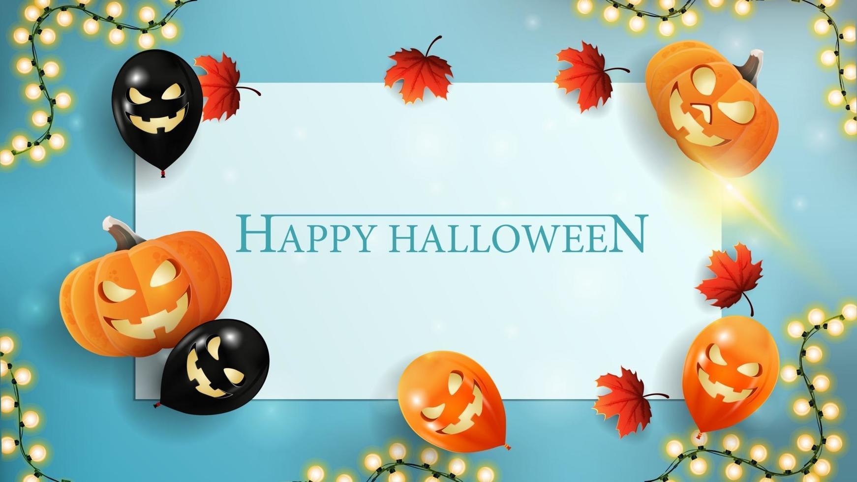 Halloween-Vorlage für Ihre Kreativität mit Papierblatt. blaue Vorlage mit Halloween-Ballons, Kürbissen, Herbstblättern und Girlande. die Aussicht von oben. vektor