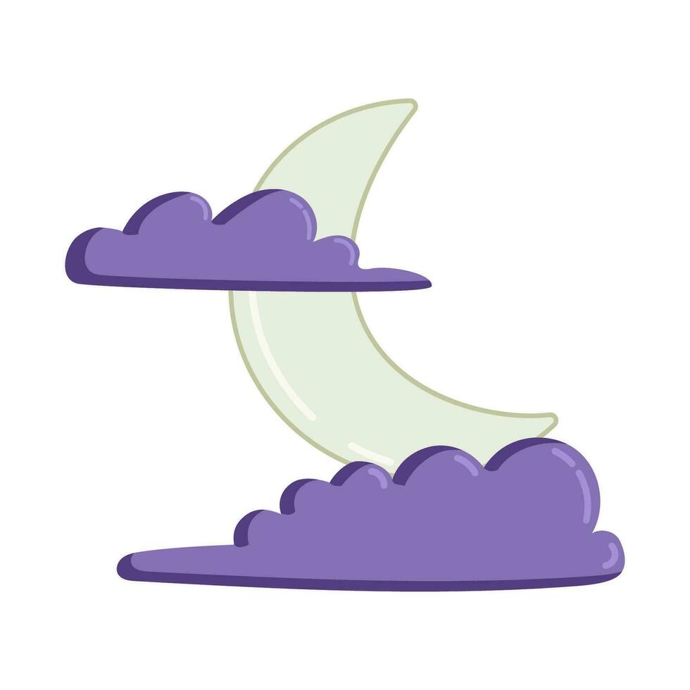 en halvmåne med lila moln, halloween klistermärke, vektor illustration, konst