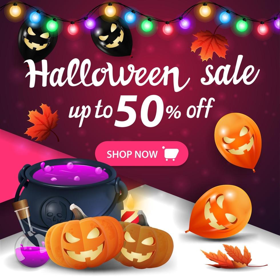 halloween försäljning, rosa fyrkantig rabatt banner med krans, halloween ballonger, häxkittel och pumpa jack. fyrkantig rabattmall för din konst vektor