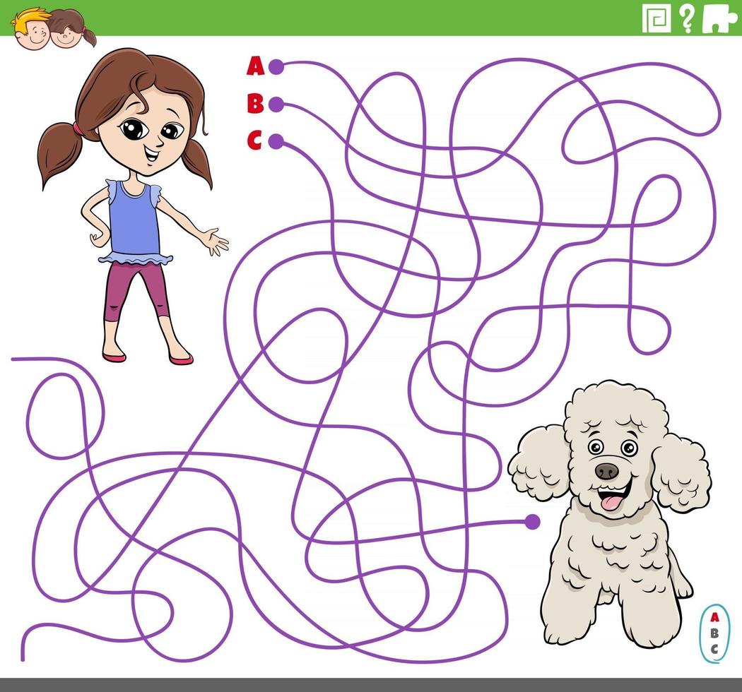 pedagogiskt labyrint spel med tecknad flicka och pudelhund vektor