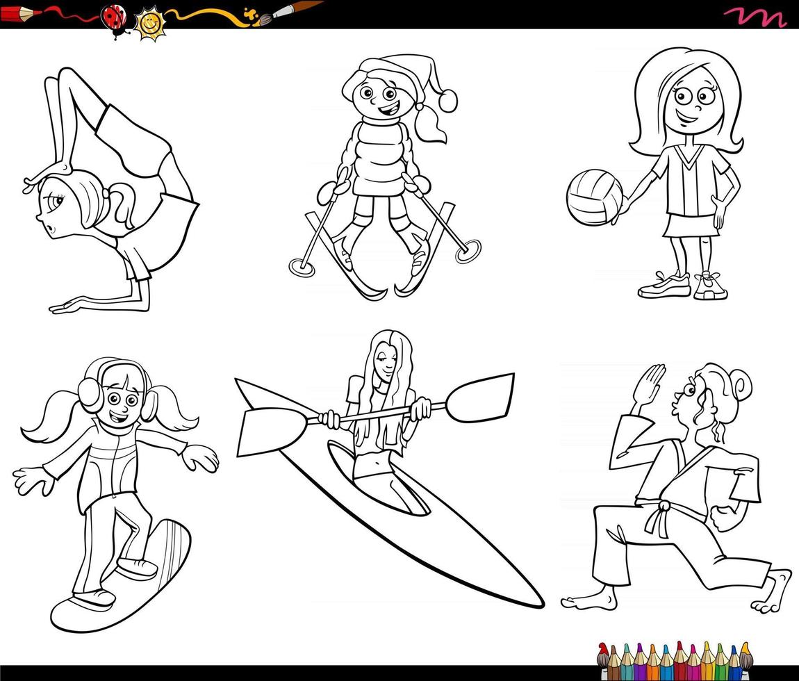 Cartoon-Mädchen-Charaktere und Sport-Set Malbuchseite vektor