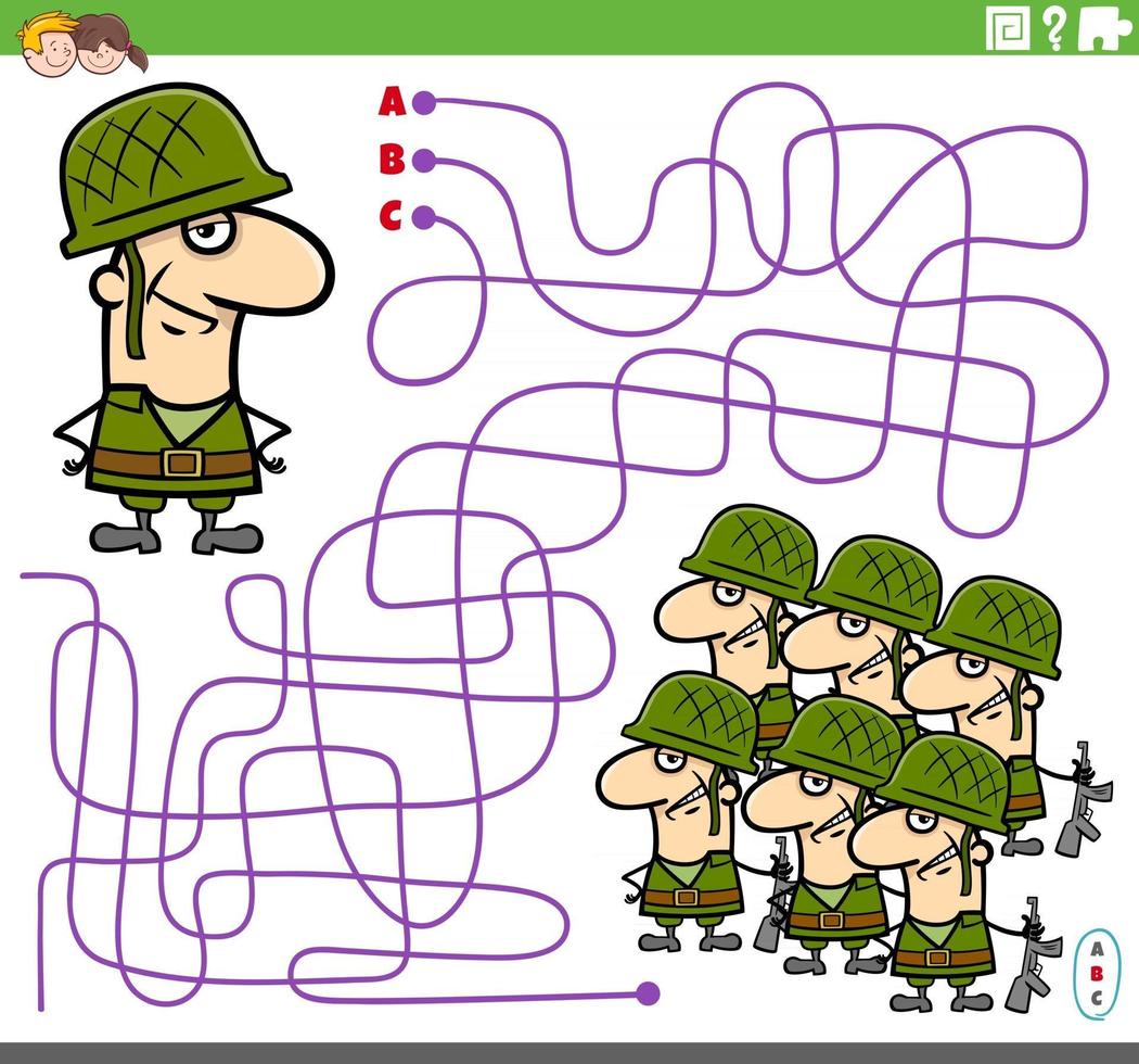 lehrreiches Labyrinthspiel mit Cartoon-Soldat und Armee vektor