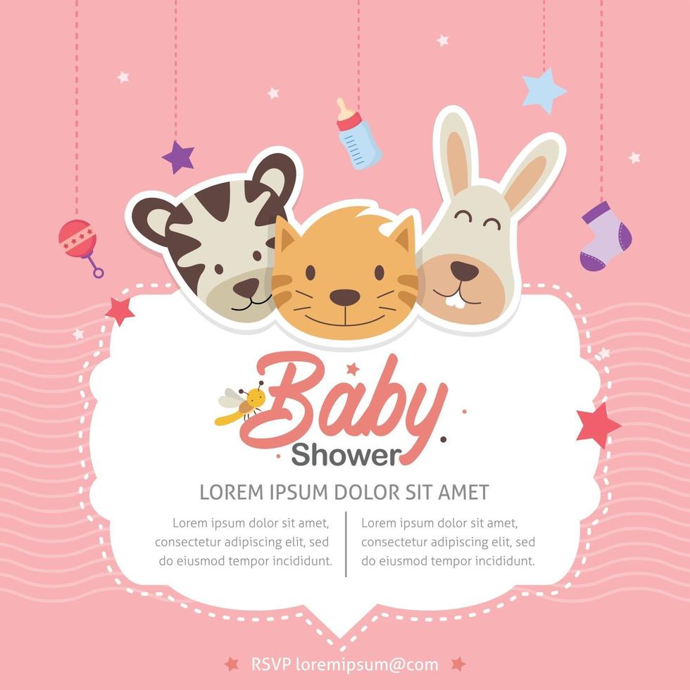 baby shower inbjudan mall med söta djur tema vektor