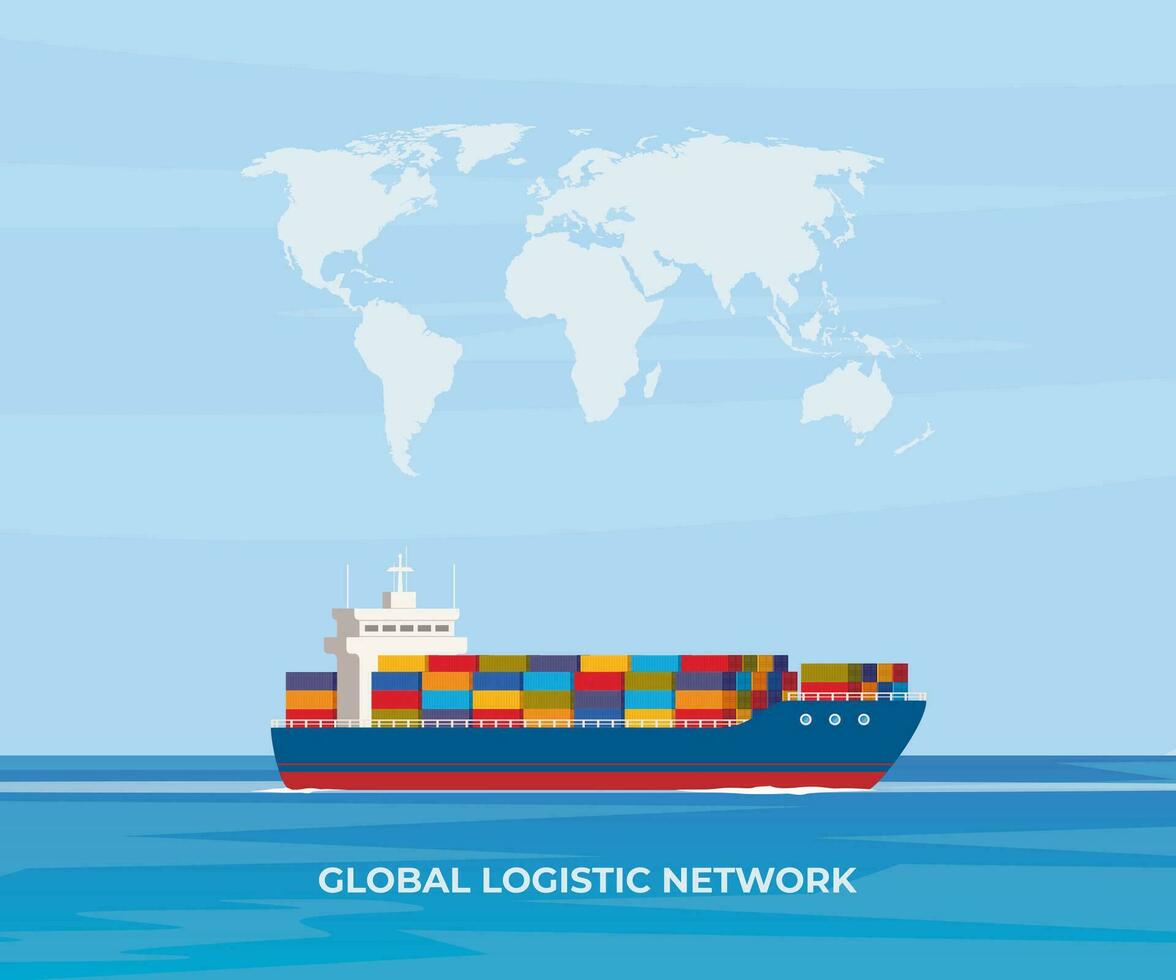 Ladung Schiff mit Behälter im das Ozean. Lieferung, Versand Fracht Transport. global logistisch Netzwerk. importieren, Export. Vektor Illustration.