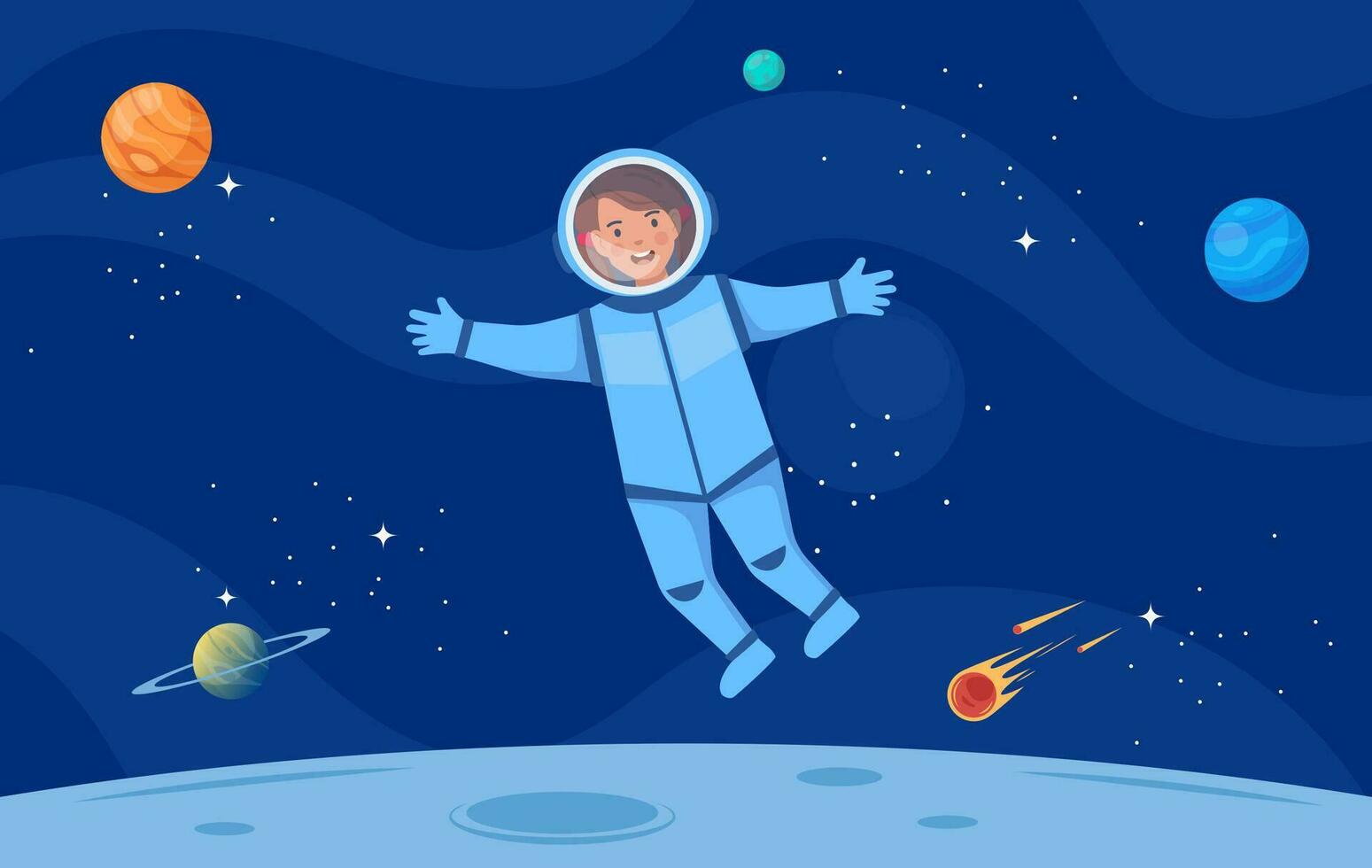 Astronaut Karikatur Charakter im äußere Raum Anzug. Astronaut Kind. Karikatur Junge tragen Astronaut Kostüm. Vektor Illustration.
