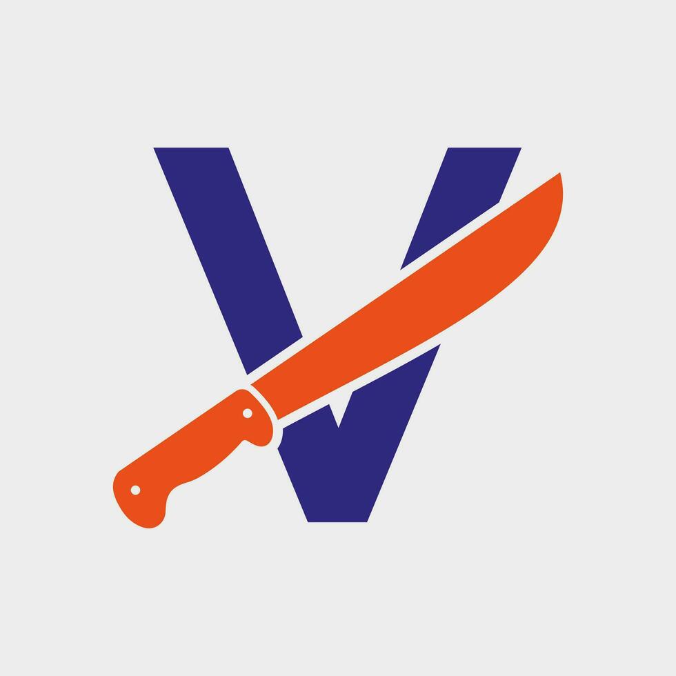 Brief v Messer Logo Design Vektor Vorlage Messer Symbol mit Alphabet