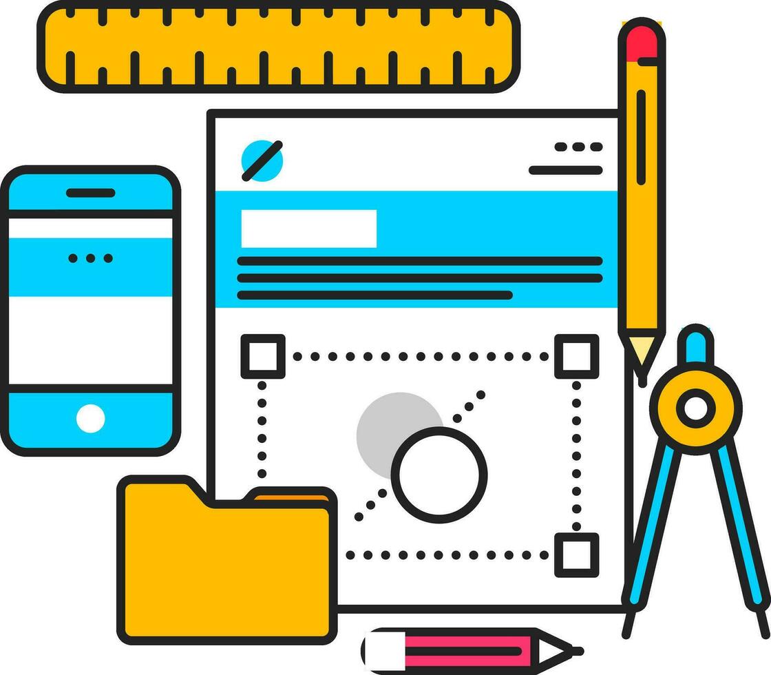 Bildung oder Entwerfen Werkzeuge mögen wie Bleistift, Zeichnung Kompass, Herrscher, Datei Mappe mit Papier und Smartphone Symbol. vektor