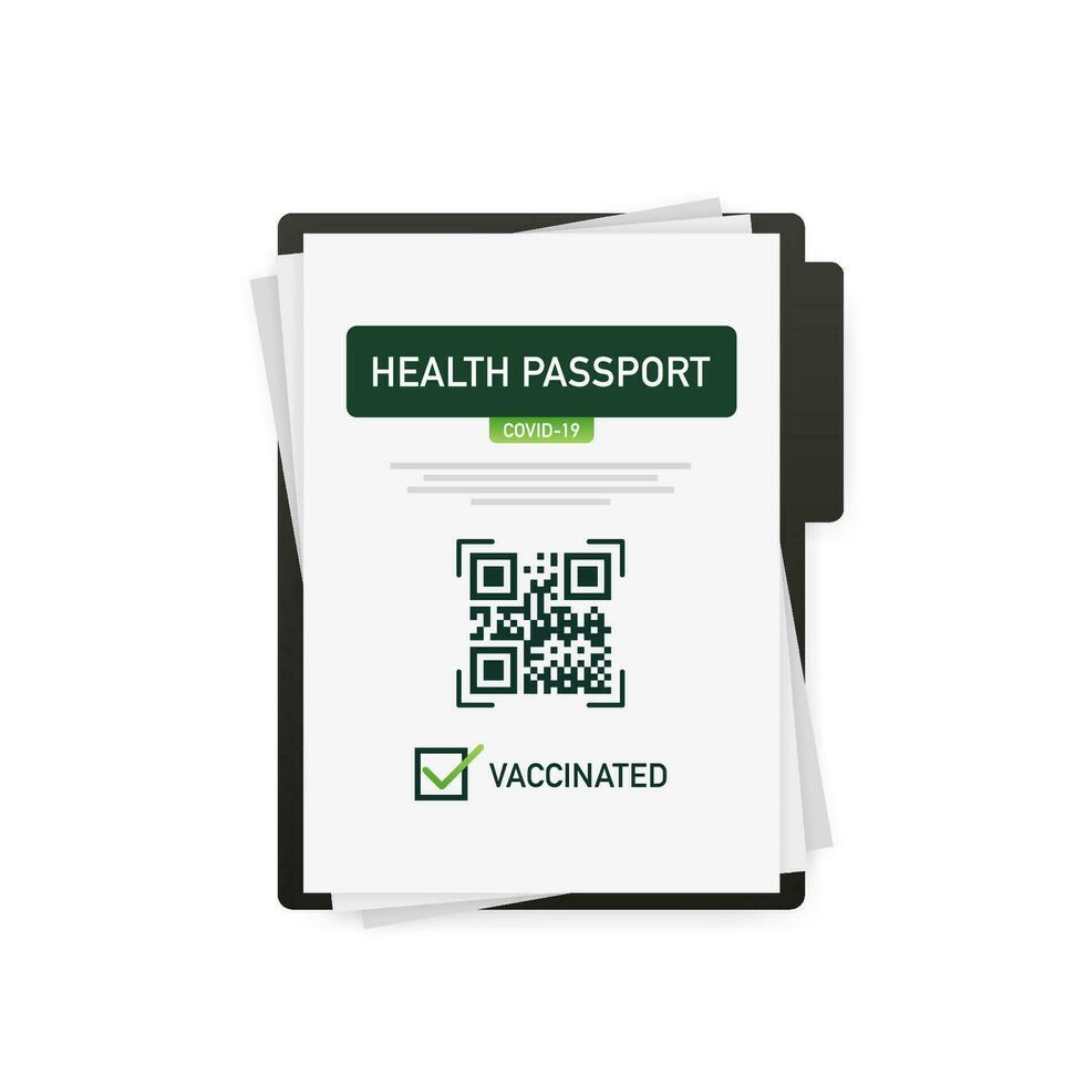Gesundheit Reisepass qr Code im linear Stil auf Grün Hintergrund. Coronavirus Impfung. Impfstoff Zertifikat Karte vektor
