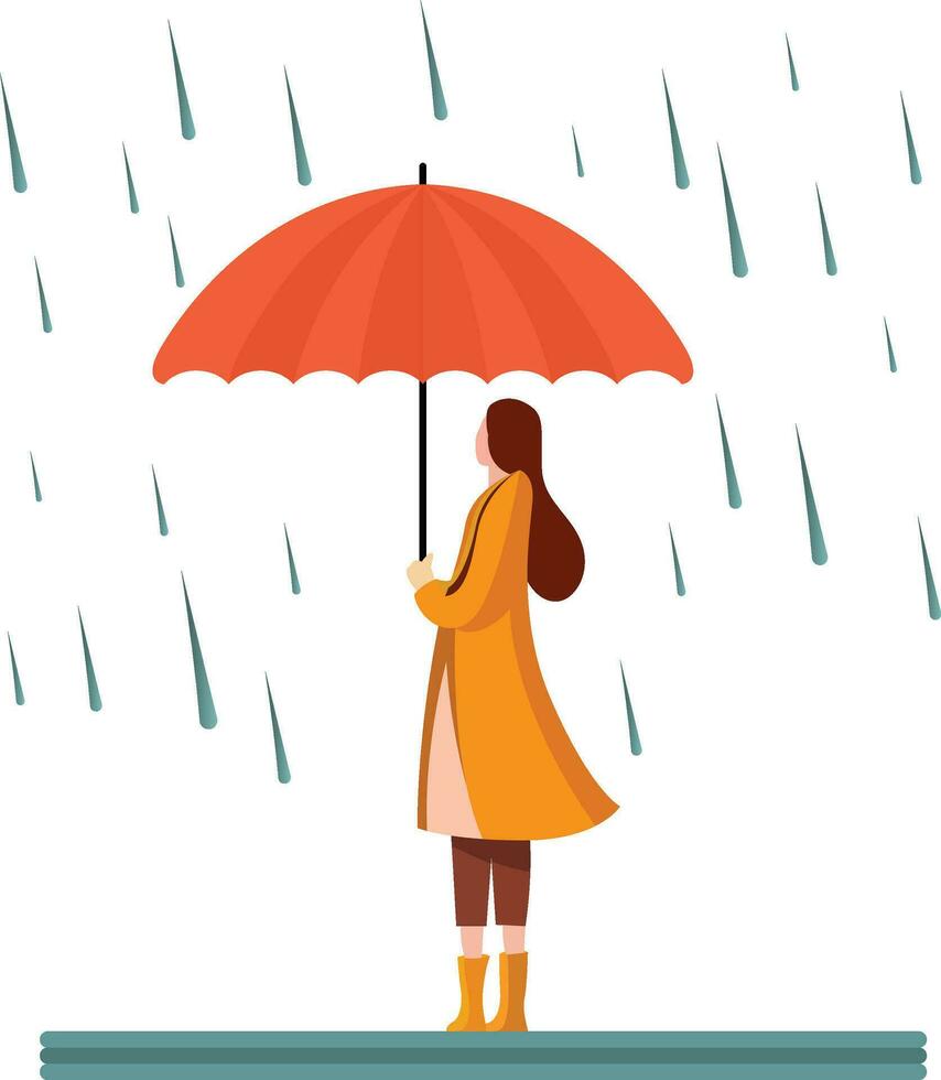 Dame mit ein Regenschirm im das Herbst Regen, Frau halten ein Regenschirm im das Regen, weiblich tragen Orange Herbst Kleider und halten ein Regenschirm im Regen, Lager Vektor Bild