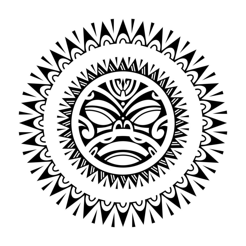 runda tatuering prydnad med Sol ansikte maori stil. afrikansk, azteker eller mayan etnisk mask. svart och vit. vektor