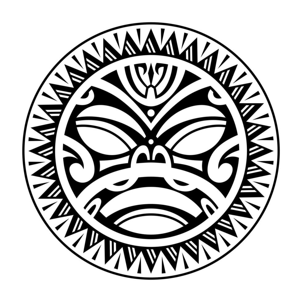 runda tatuering prydnad med Sol ansikte maori stil. afrikansk, azteker eller mayan etnisk mask. svart och vit. vektor