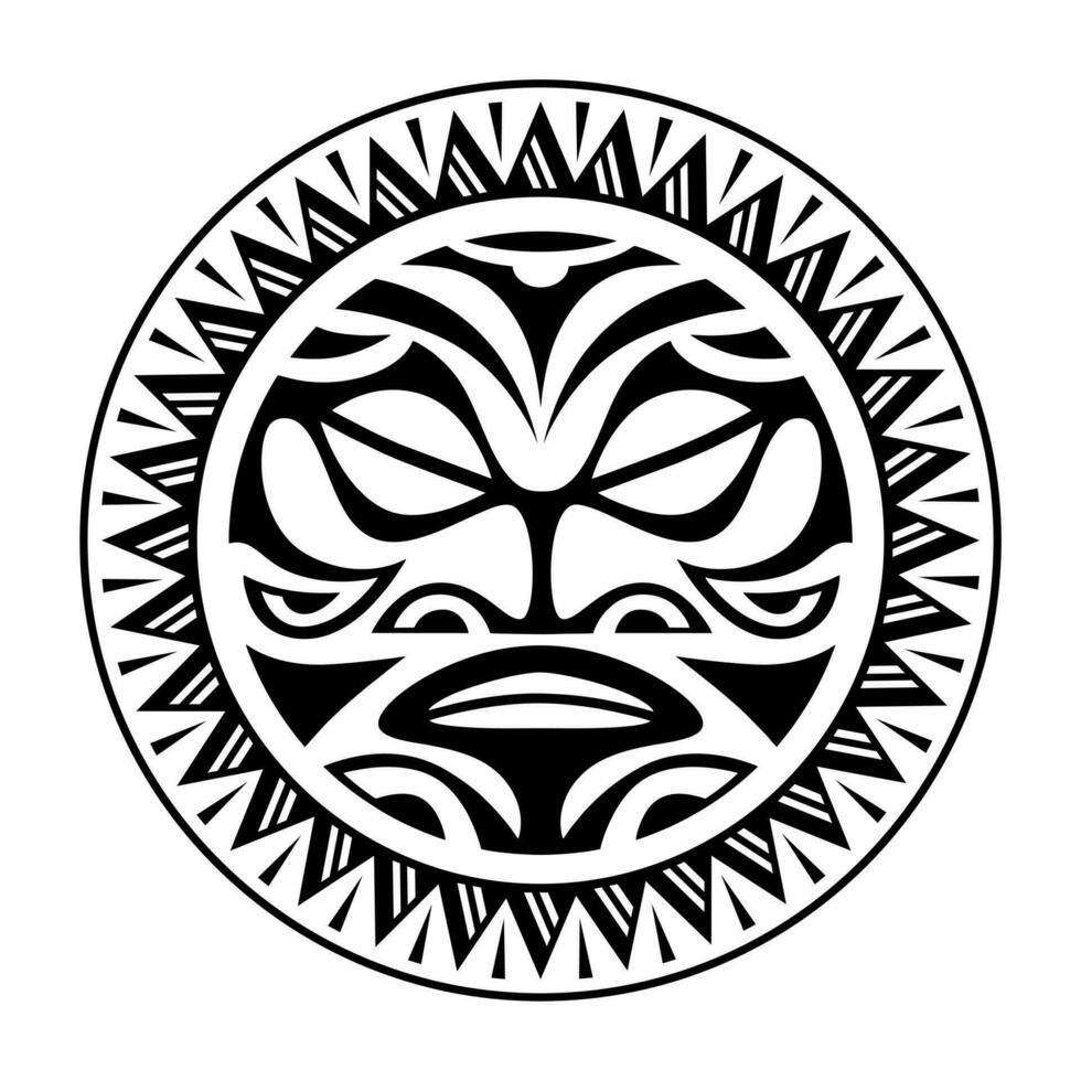 runda tatuering prydnad med Sol ansikte maori stil. afrikansk, azteker eller mayan etnisk mask. svart och vit. vektor
