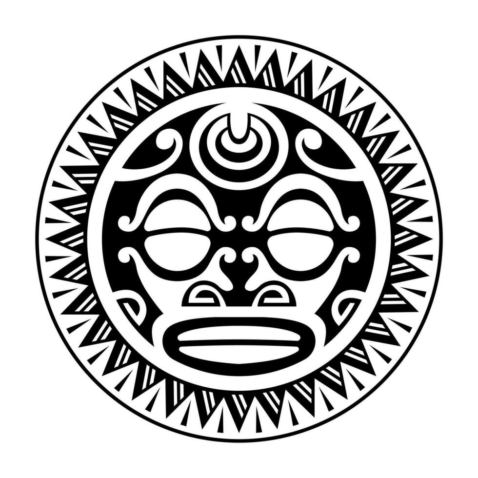 runda tatuering prydnad med Sol ansikte maori stil. afrikansk, azteker eller mayan etnisk mask. svart och vit. vektor