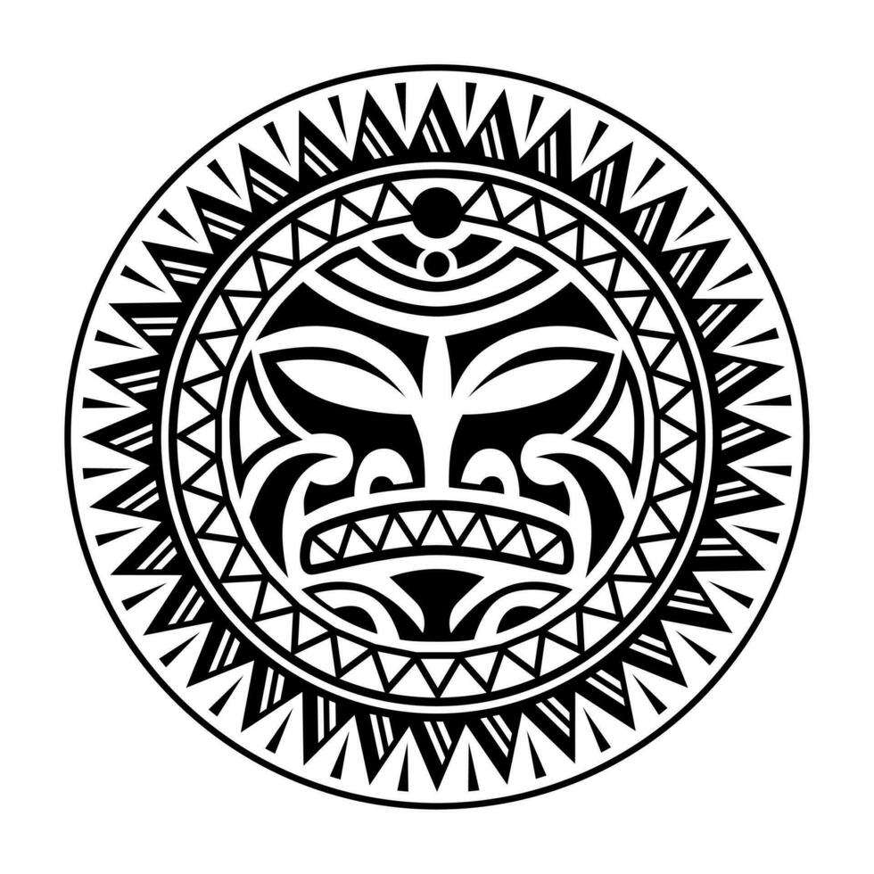 runda tatuering prydnad med Sol ansikte maori stil. afrikansk, azteker eller mayan etnisk mask. svart och vit. vektor