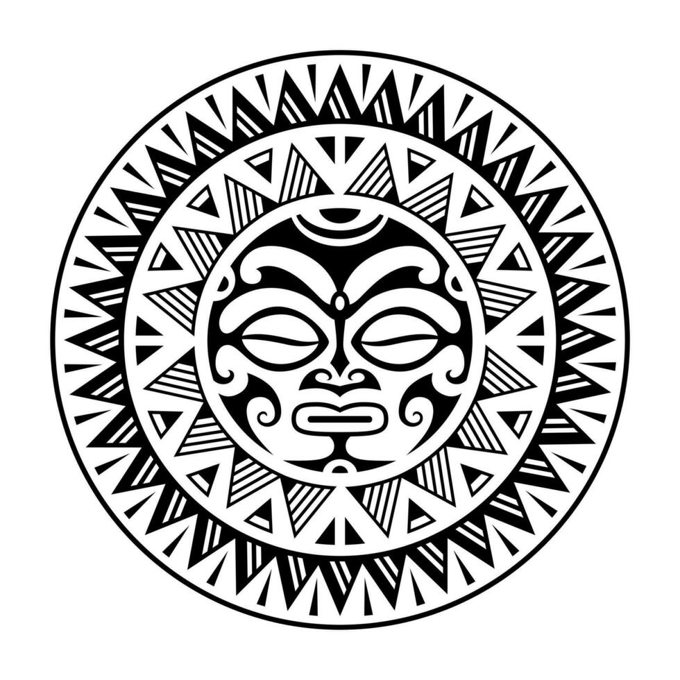 runda tatuering prydnad med Sol ansikte maori stil. afrikansk, azteker eller mayan etnisk mask. svart och vit. vektor