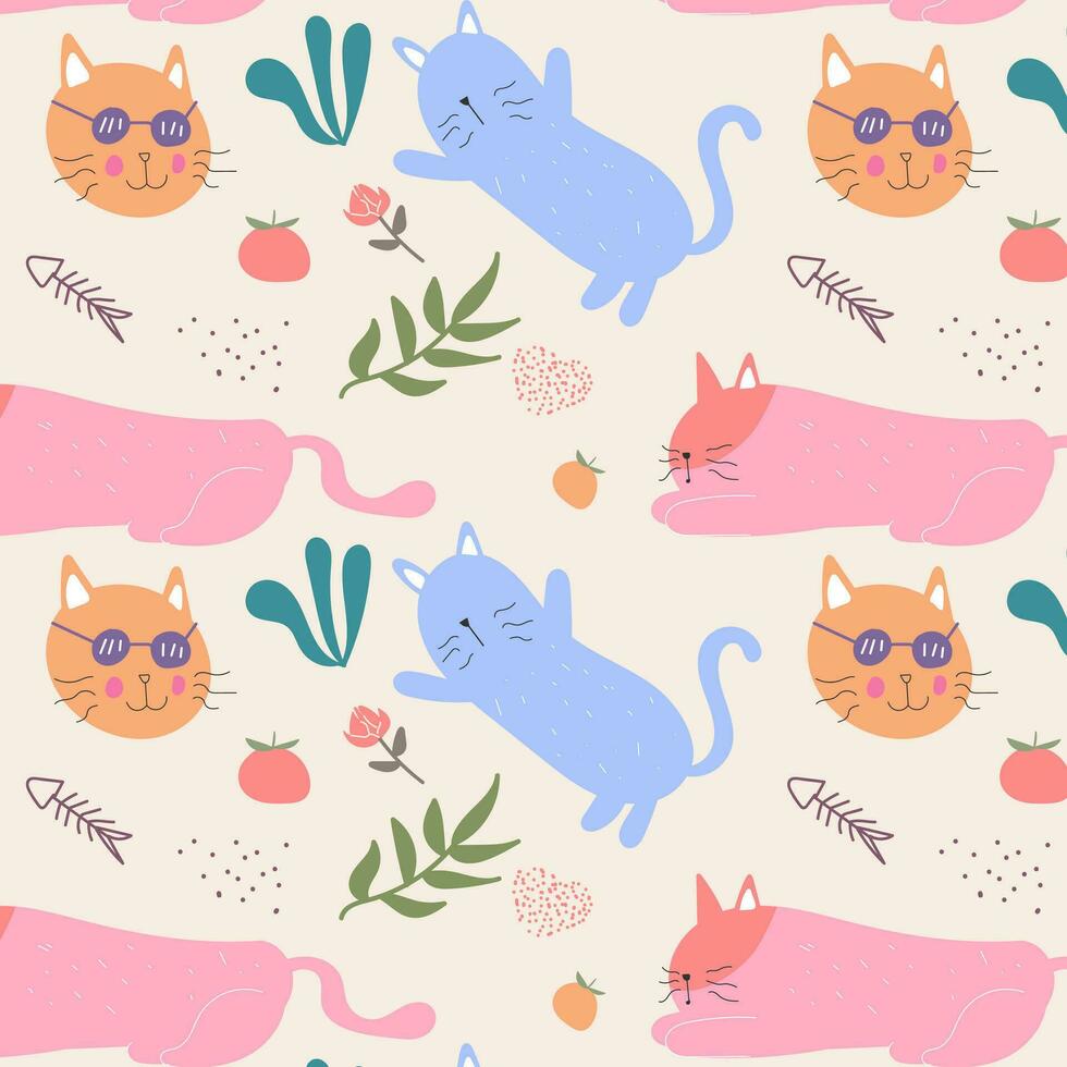 sömlös barnslig modern mönster med söt hand dragen katter. för tyg, skriva ut, textil, tapet, kläder vektor