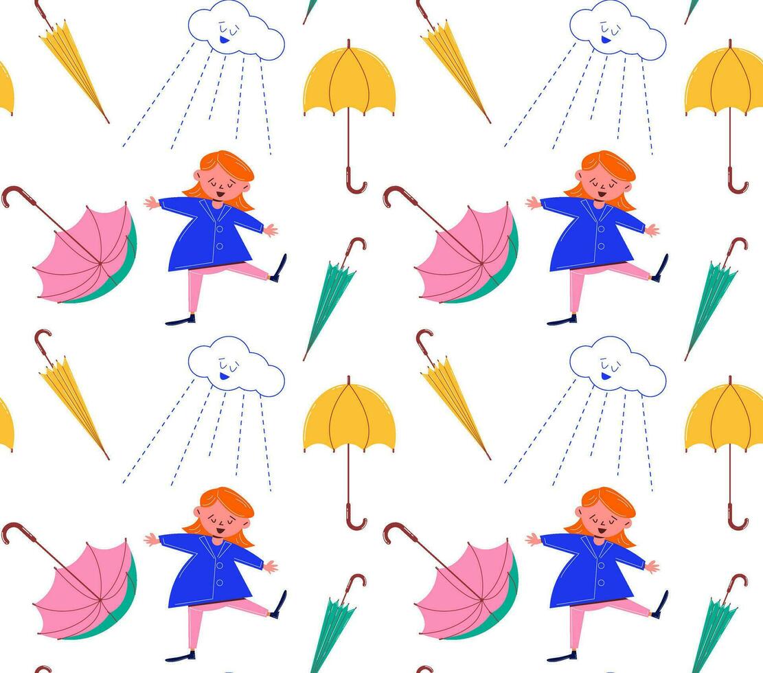 nahtlos Muster mit Regenschirm und Mädchen Charakter. Vektor Illustration im 60er, 70er Jahre retro Stil. Kinder- Jahrgang Hintergrund.