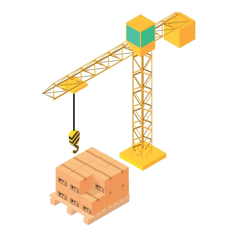 Konstruktion Seite? ˅ Symbol isometrisch Vektor. groß Konstruktion Kran in der Nähe von Holz Palette vektor