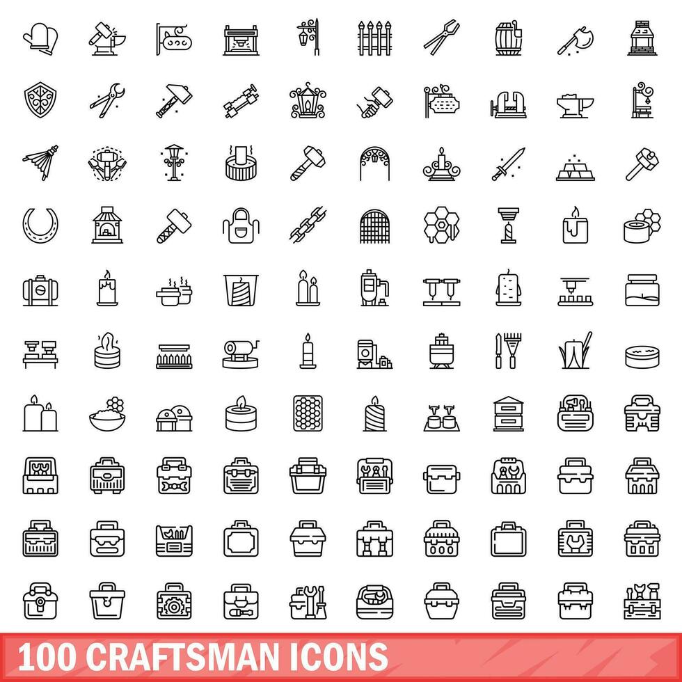 100 hantverkare ikoner uppsättning, översikt stil vektor
