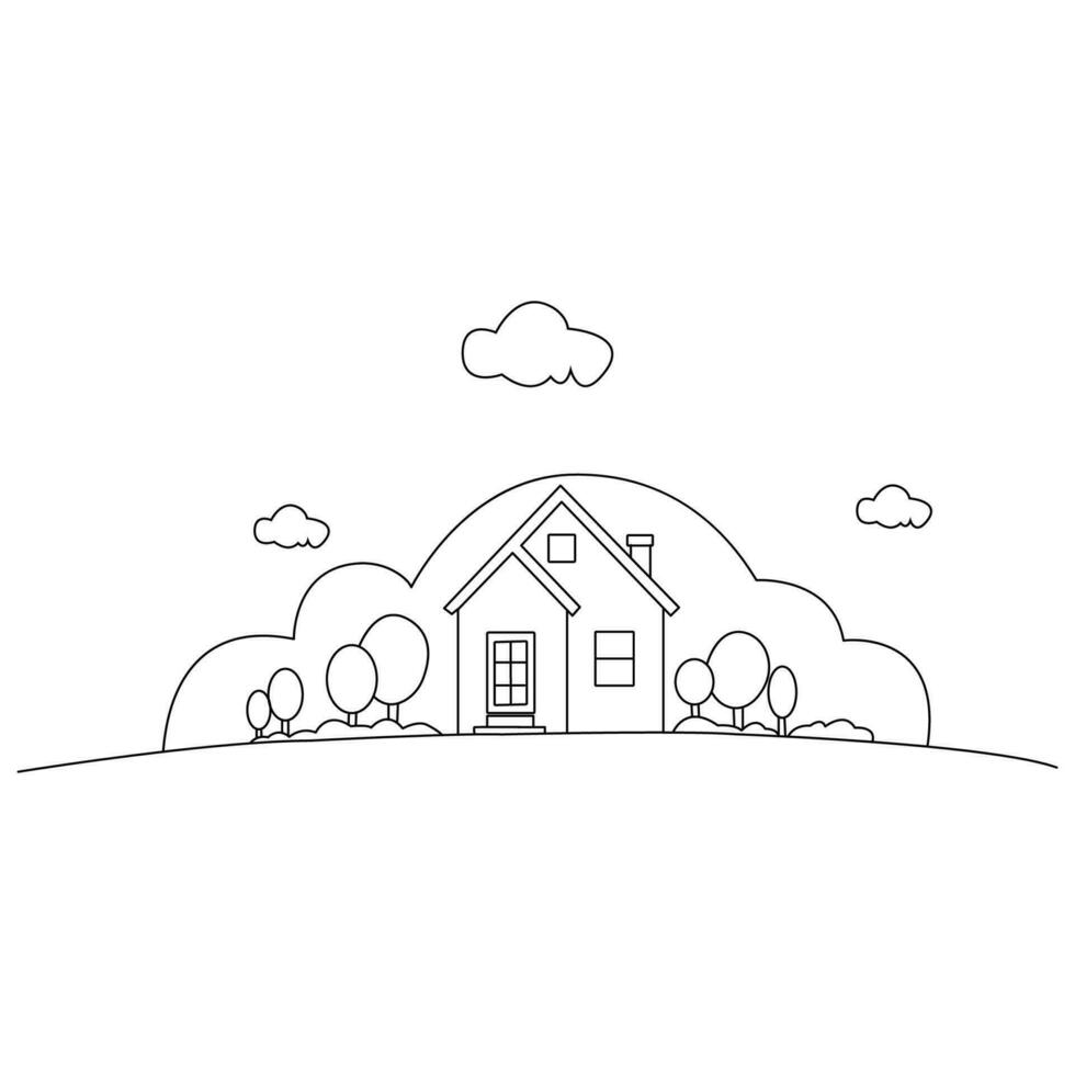 en linje teckning av en hus med träd och moln vektor