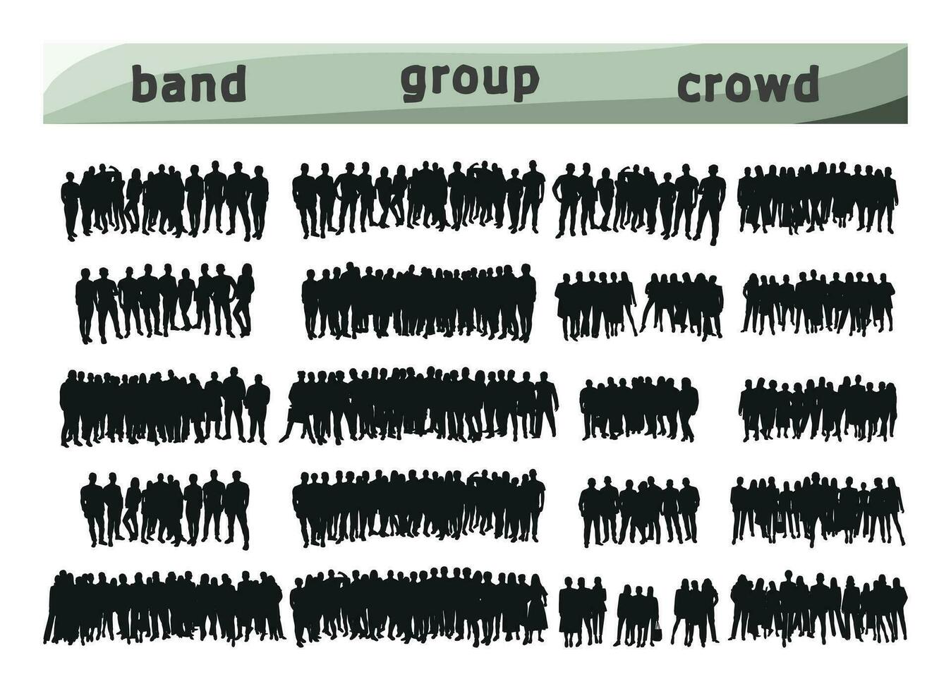 Bild von Menge Silhouette, Gruppe von Personen. Team, Band, Unternehmen, Menschenmenge, Mob vektor