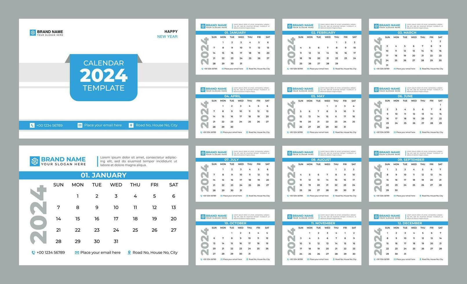 skrivbord kalender 2024 mall. 12 månader ingår. redigerbar 2024 kalender design. vektor illusion