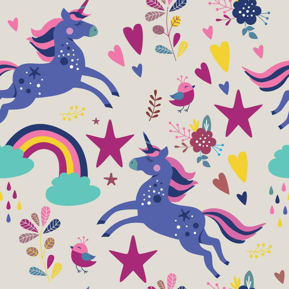 sömlös mönster med unicorns stjärnor regnbågar vektor